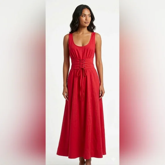 Anthropology Plenty By Tracy Reese Red Sleeveless Corset-Waist Midi Dress Size 6 - Picture 1 of 13